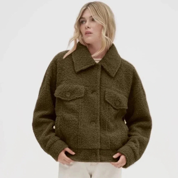 noize miley oversized sherpa teddy trucker jacket in olive green size large